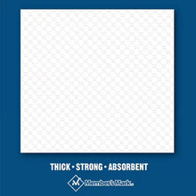 Square embossed white napkin on blue background with Members Mark logo highlighting thick strong absorbent bulk white paper napkins