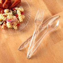 members-mark-clear-plastic-cutlery-set-360-count-fork-knife-spoon-next-to-pasta-plate - USA Mega Market
