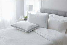 Brands For Less USA premium hotel pillows for home on white bed with grey piping and plush microfiber shams