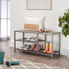 Brands For Less USA shoe bench with boot storage and metal frame with wooden top in modern entryway