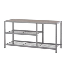 Brands For Less USA shoe bench with boot storage featuring metal frame and wooden top with two storage shelves