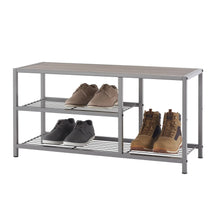Brands For Less USA shoe bench with boot storage metal frame and wooden top holding various shoes