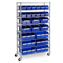 warehouse-24-bin-rolling-storage-rack-chrome-frame-six-shelf-blue-bins-casters-front-view - USA Mega Market