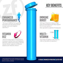 Zipfizz energy drink mix combo pack blue tube highlighting key benefits like enhanced performance immune boost vitamin B12 and multivitamin support