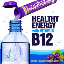 Zipfizz energy drink mix combo pack tube pouring powder into water bottle for healthy energy with vitamin B12