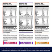 Zipfizz energy drink mix combo pack with red, purple, and orange tubes showing supplement facts