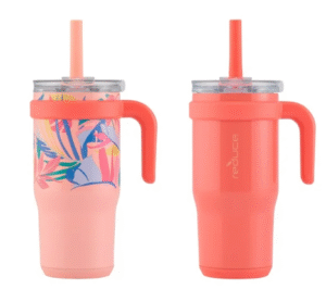 Reduce Vacuum Insulated Stainless Steel 2pk Coldee Mug with Lid and Spill-Proof Straw, Pink Coral & Peachy Tropics, 18 oz