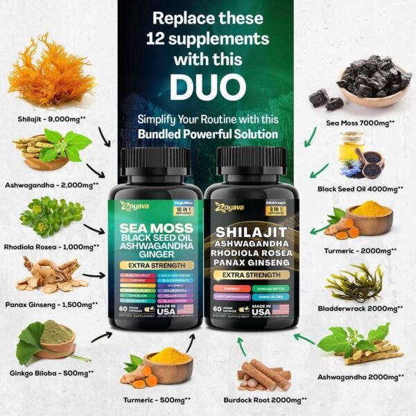 Zoyava Dynamic Vitality Bundle, Sea Moss and Shilajit Bundle, Sea Moss 7000mg, Black Seed Oil 4000mg, Ashwagandha 2000mg, Ginger & Shilajit 9000mg, Rhodiola Rosea 1000mg, Panax Ginseng (60 Count)